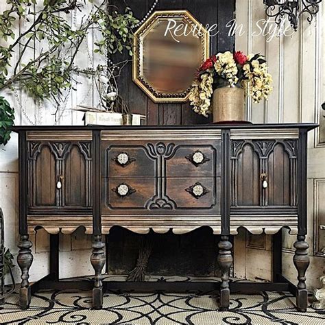 Vintage buffet refinished in lamp black and smokey metallic glazes with exposed natural wood ...