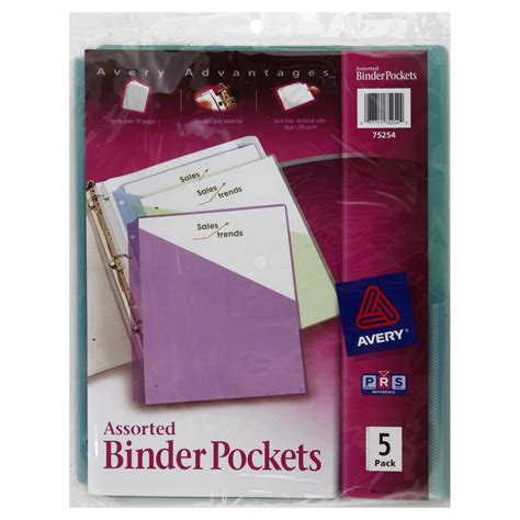 Avery Binder Pockets, 3-Hole Punched, 9 1/4 x 11, Assorted Colors, 5/Pack | Shop Your Way ...