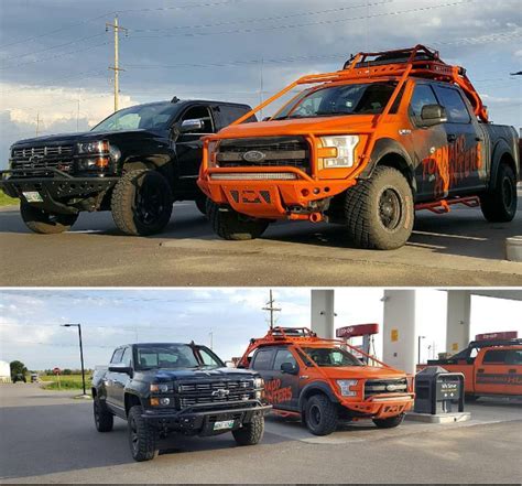 two pictures of trucks parked next to each other