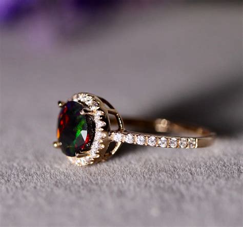 Gold engagement ring, natural black opal, halo gold ring, gold opal ...