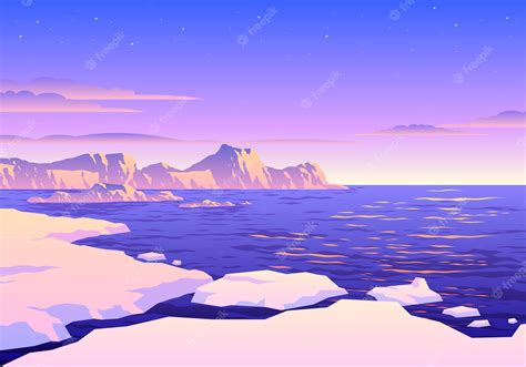 Premium Vector | Beautiful Sunset South Pole Iceberg Landscape Illustration