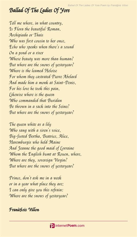 Ballad Of The Ladies Of Yore Poem by Franaois Villon