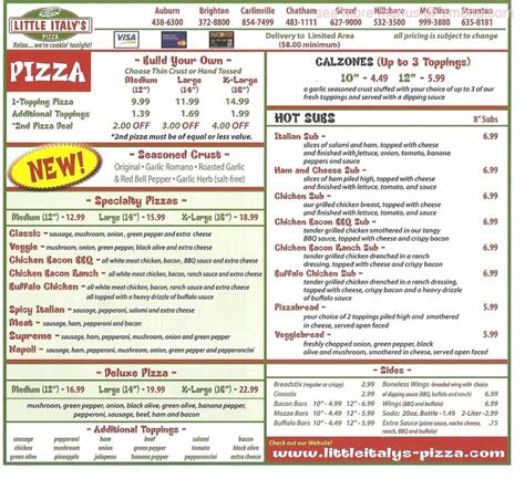 Menu at Little Italy's Pizzeria, Staunton