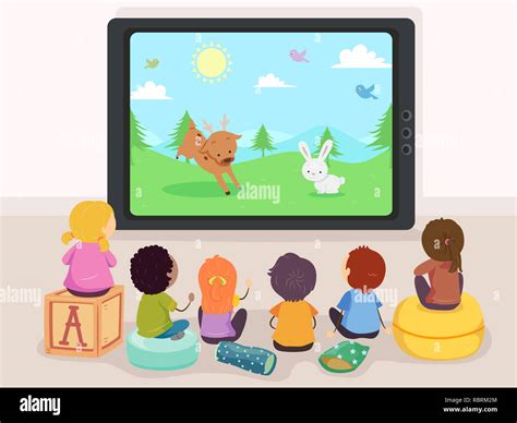 Illustration of Stickman Kids Watching Reindeer and Rabbit Cartoons on Television Stock Photo ...