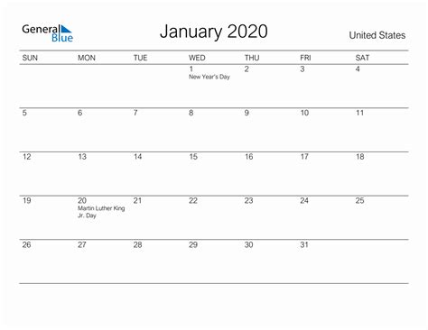 Printable January 2020 Monthly Calendar with Holidays for United States