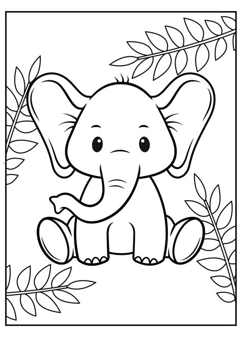 Bebé Elefante con Hojas para colorear, imprimir e dibujar –ColoringOnly.Com