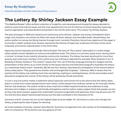 The Lottery By Shirley Jackson Essay Example | StudyHippo.com