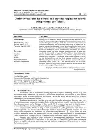 Distinctive features for normal and crackles respiratory sounds using cepstral coefficients | PDF