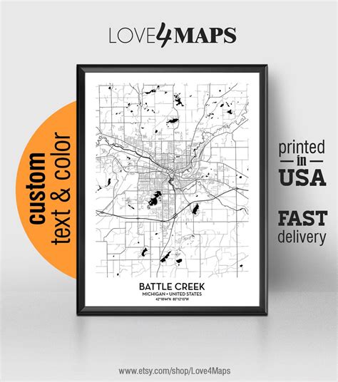 Battle Creek Michigan Map Battle Creek City Print Battle - Etsy