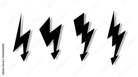 Comic lightning bolt set. Black grunge thunderbolt collection. Halftone ...