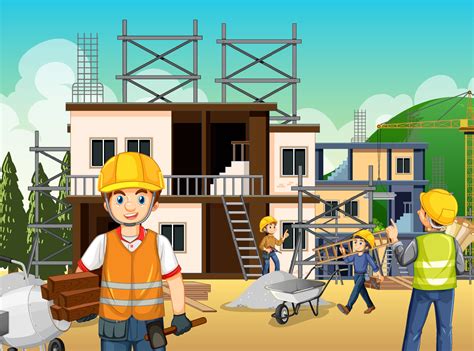 Building construction site with workers 6591384 Vector Art at Vecteezy