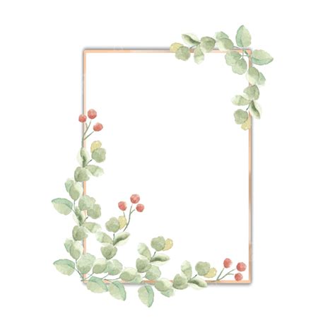 Romantic Eucalyptus Leaves And Cherry Watercolor Gold Frame, Wedding ...