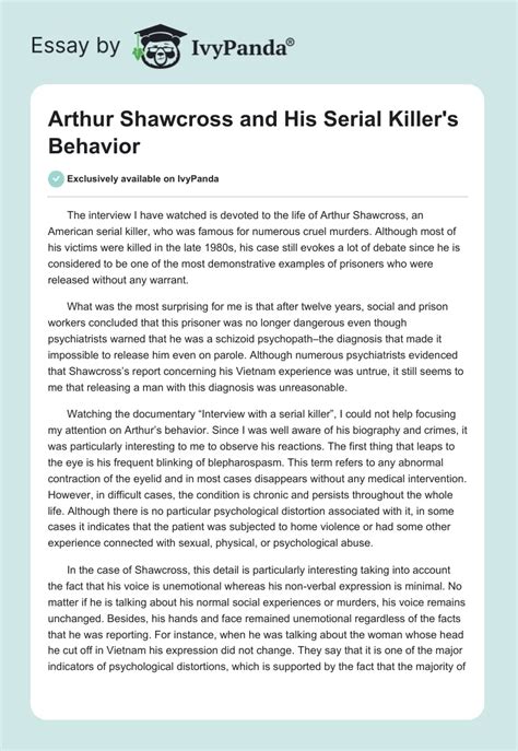 Arthur Shawcross and His Serial Killer's Behavior - 573 Words | Essay Example