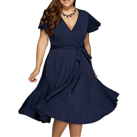 Joineles Plus Size Navy Blue Color Women Summer Dress V Neck Short Sleeves Belts Retro Dress ...