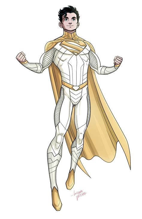 a drawing of a man in a white suit and gold cape with his hands out