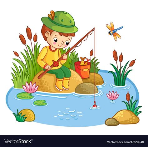 Boy sits and catches fish in a pond vector image on VectorStock | Art drawings for kids, Anime ...