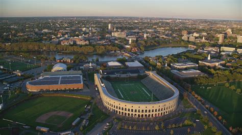 6k stock footage aerial video approaching Harvard Stadium, Harvard ...