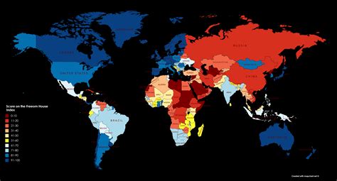 A map to show the score of countries on the Freedom House Index ...