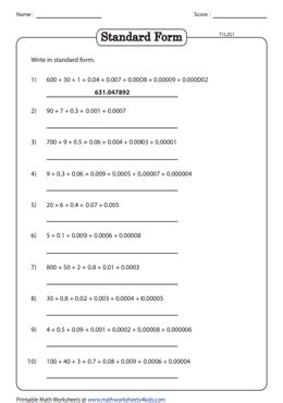 Decimals in Standard and Expanded Form Worksheets