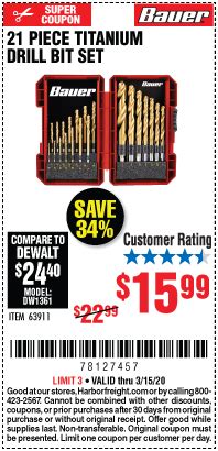 BAUER Titanium Drill Bit Set 21 Pc. for $15.99 – Harbor Freight Coupons