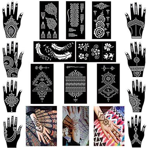 Buy XMASIR Temporary Tattoo Kit, 16 Sheets Henna Tattoo Stencil Indian ...