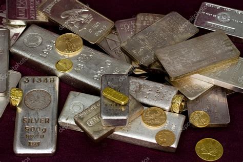 Silver and Gold Bullion Bars, Coins and Rings Stock Photo by ...