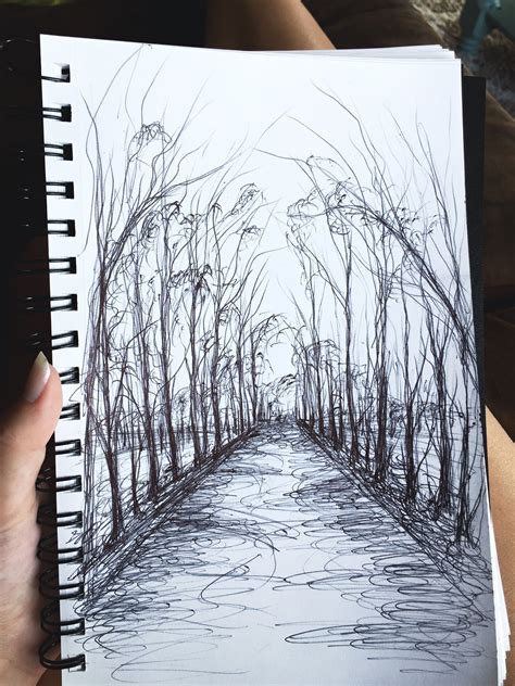 A sketch made with pen, a beautiful walking path♥️ | Landscape drawings, Landscape sketch, Pen ...