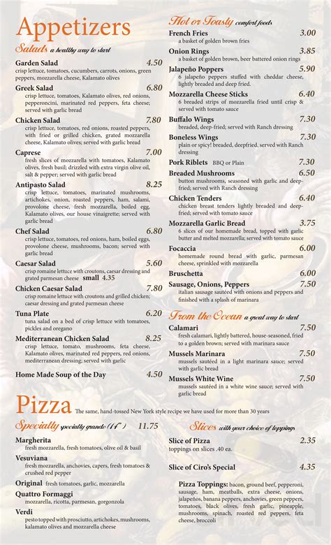 Ciro's Italian Eatery menu in Elkton, Virginia, USA