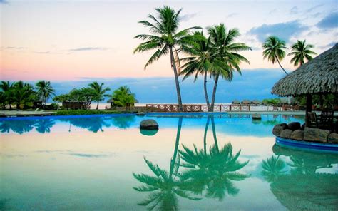 Wallpaper : 1800x1125 px, landscape, nature, palm trees, reflection, resort, summer, sunrise ...