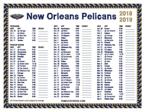 Printable 2018-2019 New Orleans Pelicans Schedule