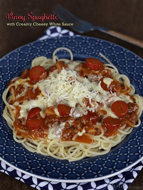 Pinoy Spaghetti with Creamy Cheesy White Sauce - The Peach Kitchen