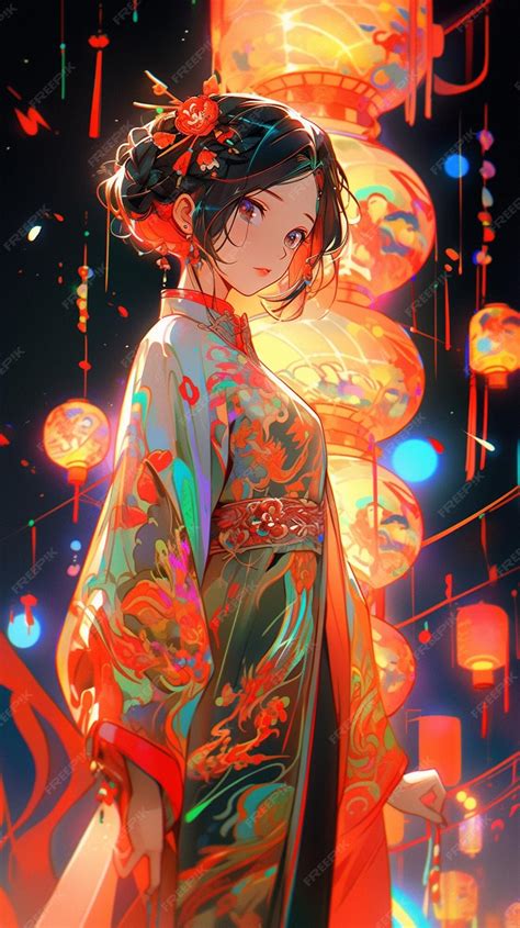 Premium Photo | Anime girl in kimono outfit standing in front of a colorful background generative ai