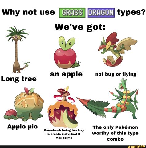 Why not use i] types? We've got: an apple Long tree Apple pie -=_> The only Pokémon Gamefreak ...