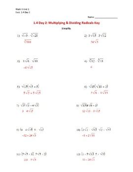 1.4 Day 2 Multiplying & Dividing Radicals Worksheet Key by Keep It Integrated