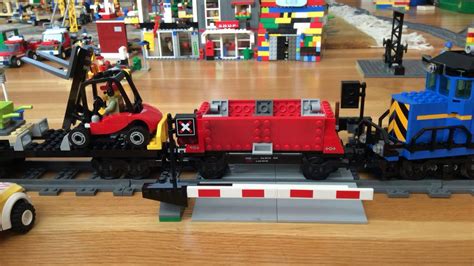 Lego freight train going through a crossing - YouTube