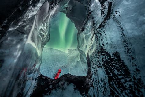 Northern Lights Aurora Borealis Over Glacier Ice Cave. Stock Image - Image of landscape, lagoon ...