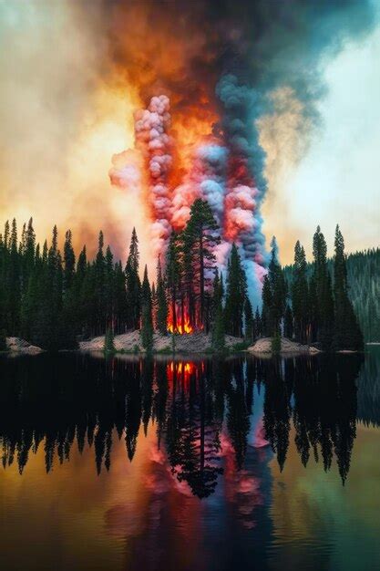 Premium Photo | Large plume of smoke rising from forest next to body of ...