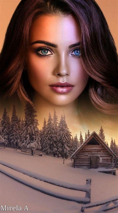 a beautiful woman with blue eyes standing in front of a snowy landscape and log cabin