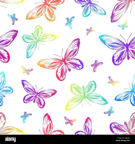 Seamless pattern with rainbow butterflies on a white background. Pattern for fabrics, wrapping ...