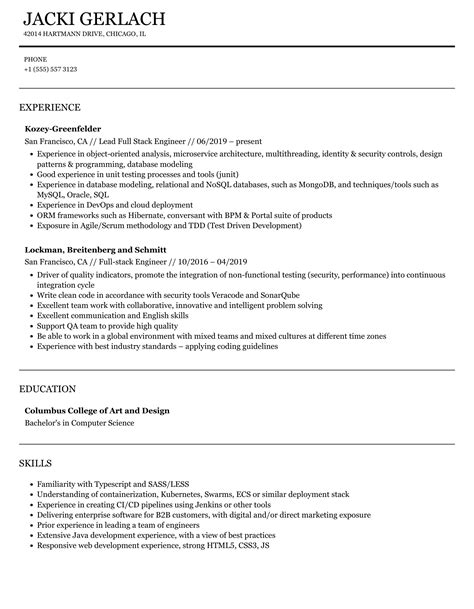 Full Stack Engineer Resume Samples | Velvet Jobs