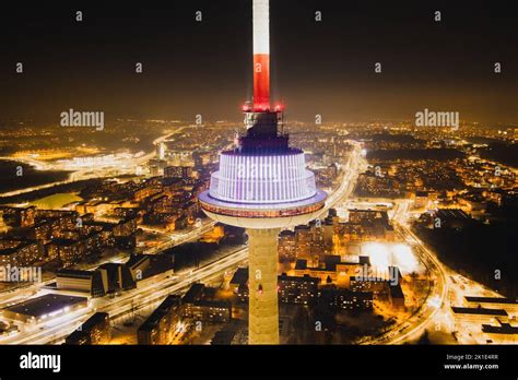 Scenic aerial night view of illuminated Vilnius TV tower. Nightlife of Vilnius, Lithuania Stock ...