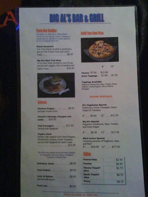 Big Al's Bar & Grill Menu, Menu for Big Al's Bar & Grill, 17th Ave SE, Calgary - Urbanspoon/Zomato