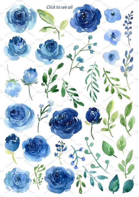 Blue Watercolor Roses Flowers Leaves | Blue flower painting, Flower ...