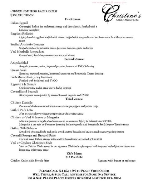 Menu at Christine's restaurant, Atlantic Highlands