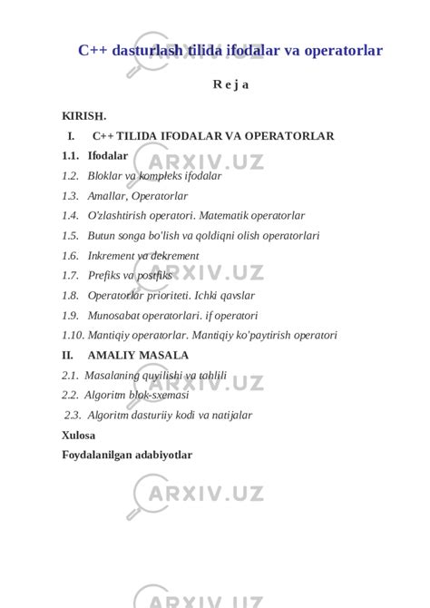 C++ dasturlash tilida ifodalar va operatorlar - Информатика и ИТ - Рефераты