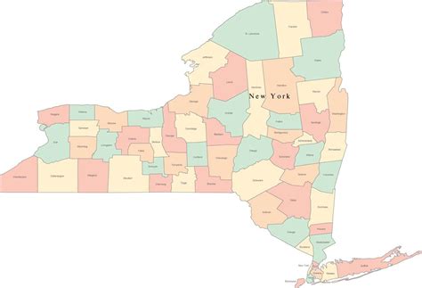 Multi Color New York State Map with Counties and County Names