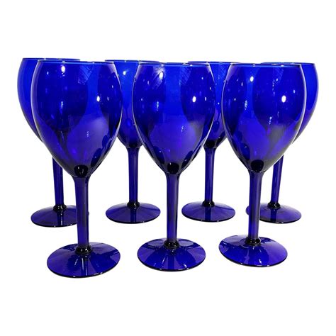 Set of 7 Cobalt Blue Glass Stem Wine Goblets | Chairish