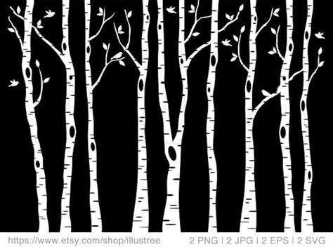 Birch tree forest digital clip art black and white trees | Etsy