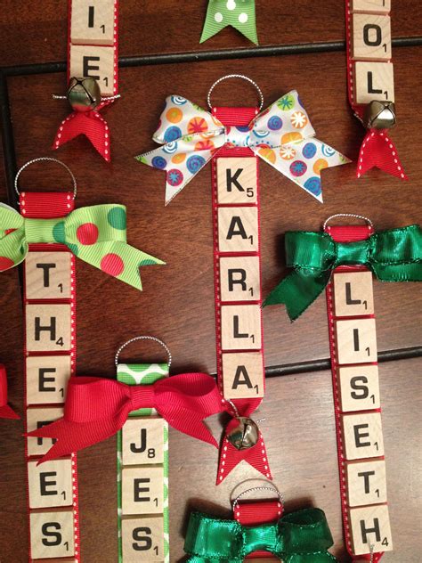 Personalized scrabble tile ornaments with bells and bows! Christmas Ornaments Homemade, Diy ...