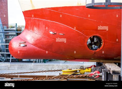 Shrimp trawler in a dry dock for maintenance, Bow thruster, North Sea coast, Neuharlingersiel ...